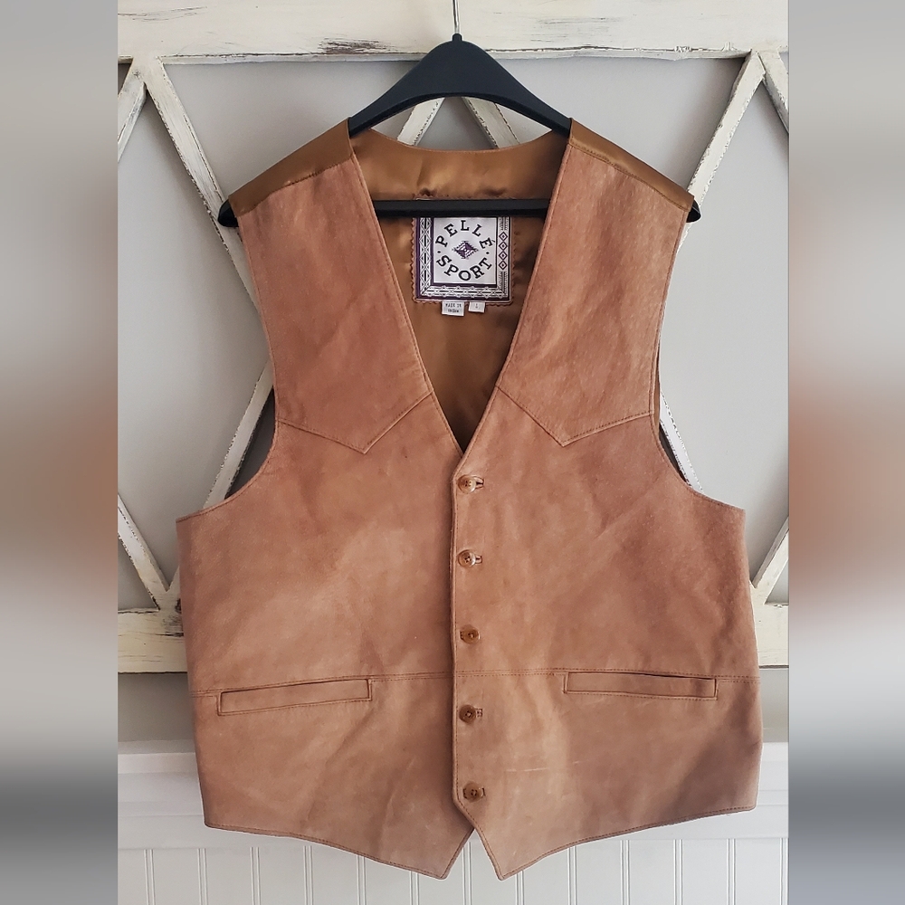 Vintage Leather Pelle Sport Western Tan Vest 100% Leather 90s